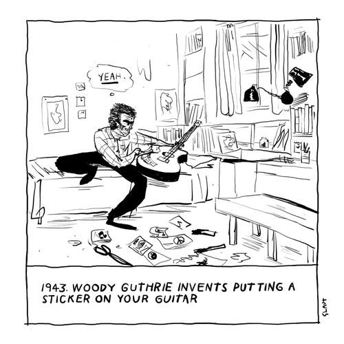 1943: Woody Guthrie invents putting a sticker on your guitar