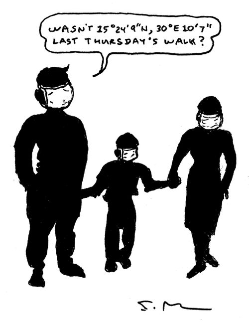 "Wasn't 15˚ 24'9" North, 30˚ East 10'7" last Thursday's walk?" 