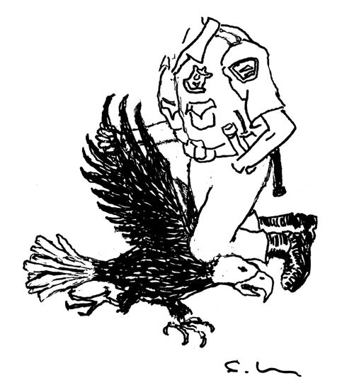 Policeman with his knee on the neck of an American eagle. 