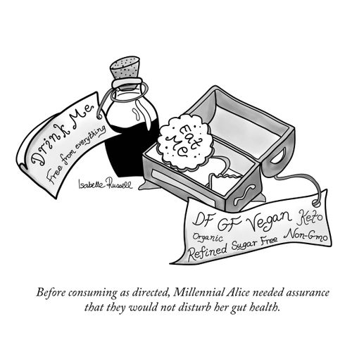 "Before consuming as directed, Millennial Alice needed assurance  that they would not disturb her gut health."