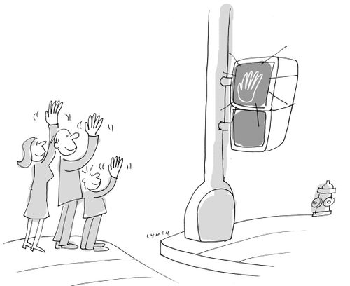 Waving to a 'don't walk' sign