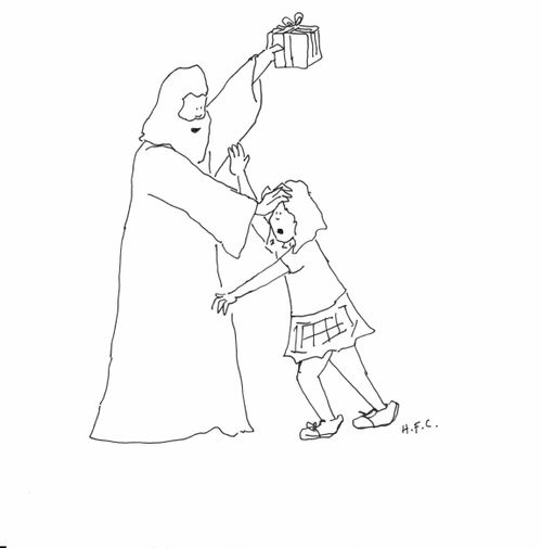 God holds a present above a child's head