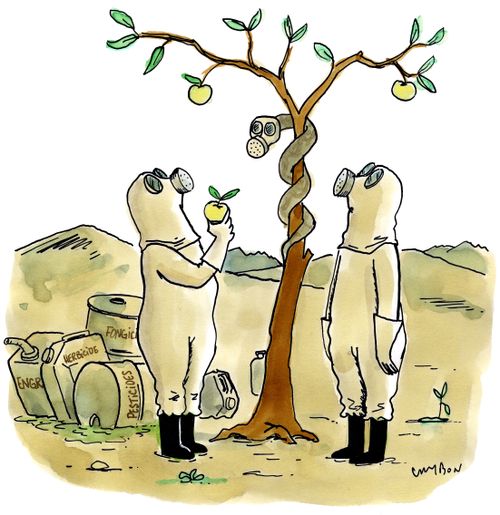 Adam and Eve tempted by apple in hazmat suits.
