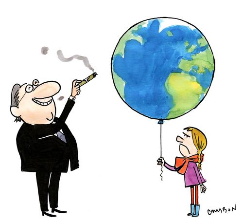 Businessman pops child's Earth balloon with cigarette.