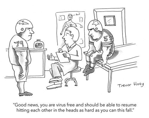 "Good news, you are virus free and should be able to resume hitting each other in the heads as hard as possible this fall."