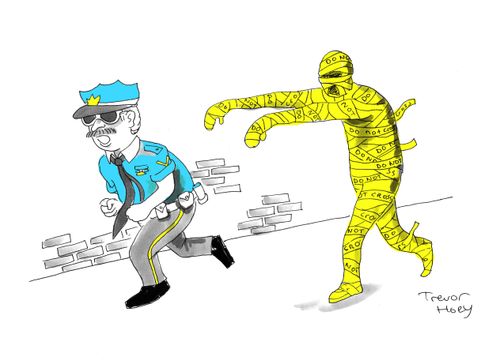 A mummy, in police tape, chases a police officer.
