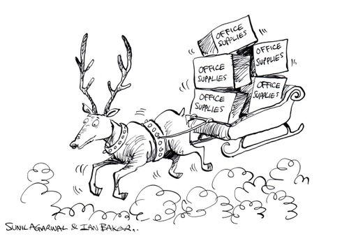 Reindeer delivering office supplies.