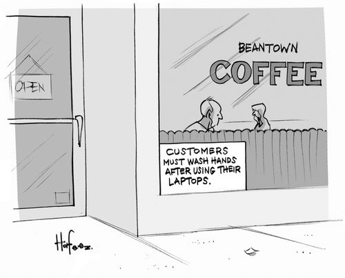 Customers must wash hands after using their laptops.