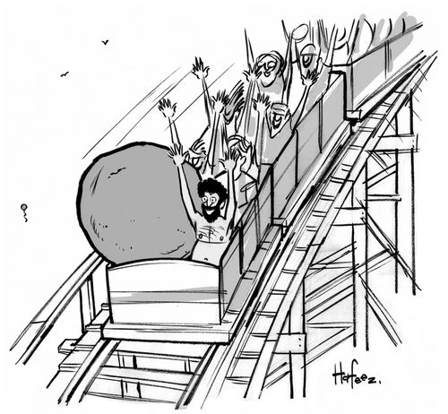 Man and a Boulder on a Roller Coaster