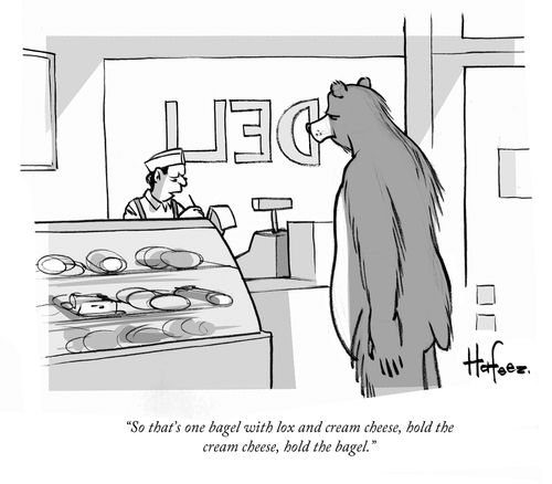 "So that's one bagel with lox and cream cheese, hold the cream cheese, hold the bagel."