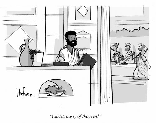 "Christ, party of thirteen!"