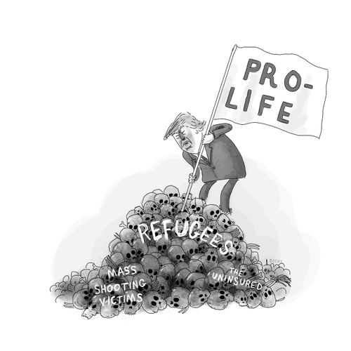 Trump holds Pro-Life flag on a mountain of skulls.