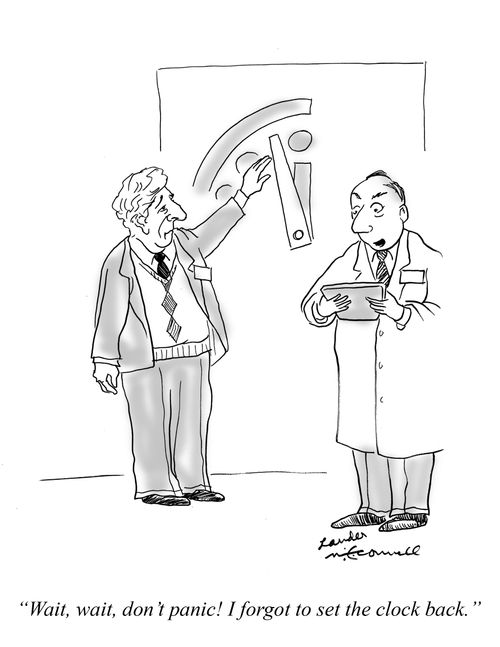 "Wait, wait, don't panic! I forgot to set the clock back."