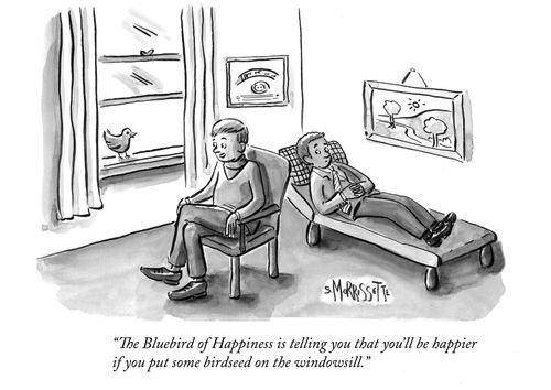 "The Bluebird of Happiness is telling you that you'll be happier if you put some birdseed on the windowsill."