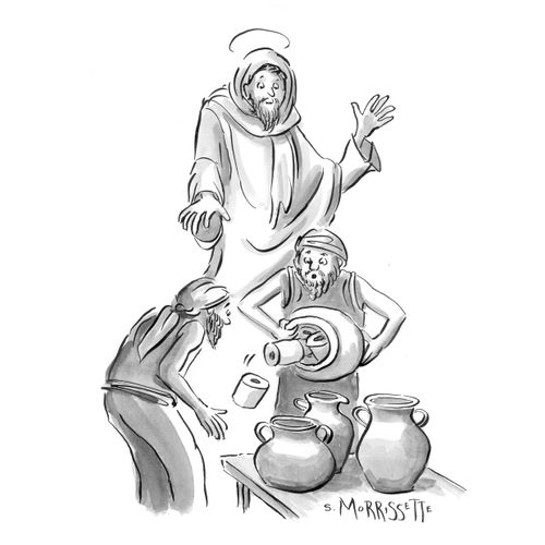 Jesus performs the miracle of turning water turned into toilet paper.