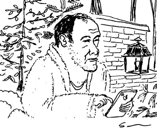James Gandolfini in his driveway with a tablet