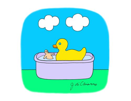 A giant rubber duck with a human bath toy