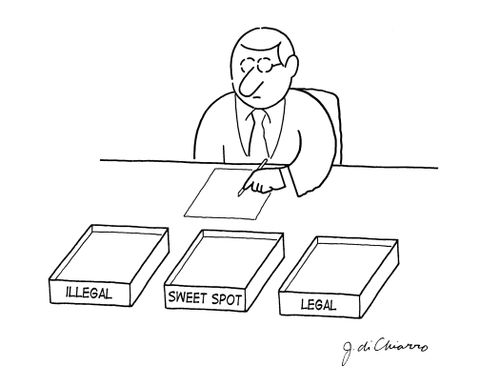 Man marks documents as 'Illegal', 'Sweet Spot' and 'Legal'.