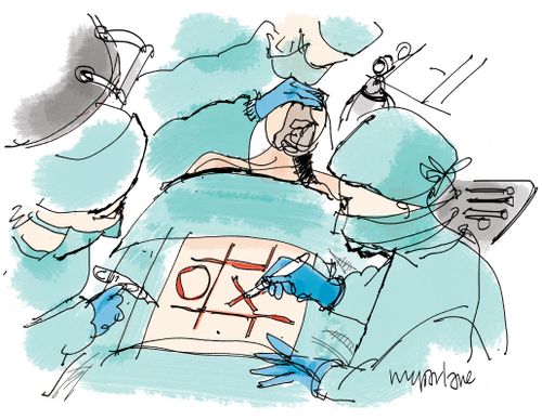 Doctors playing a game while performing surgery