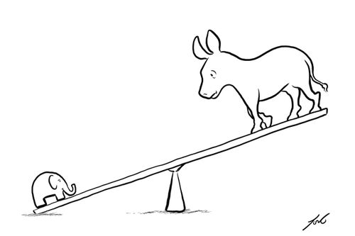 Republican elephant and democratic donkey on a see-saw.