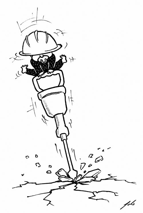 A baby using a heavy duty drill