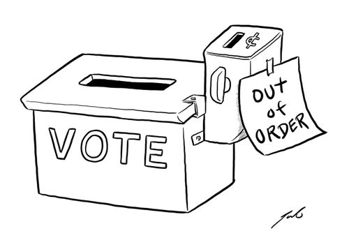 Ballot box with Out of Order vending machine attached.
