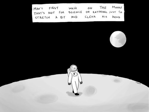 Man's first walk on the Moon that's not for science of anything, just to stretch a bit and clear his head.