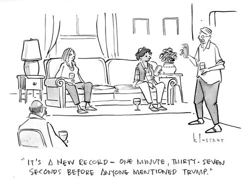 "It's a new record - one minute, thirty-seven seconds before anyone mentioned Trump."