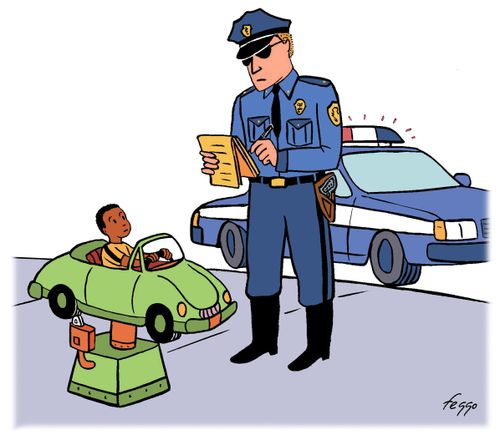 A police officer writes a black child a ticket in a ride.