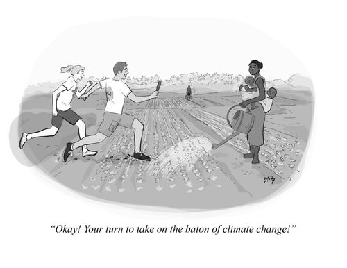 "Okay! Your turn to take on the baton of climate change!"