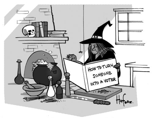 Witch reading book titled 'How to turn someone into a voter."