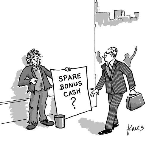 CEO of a business walks past homeless man with sign saying 'Spare bonus cash?'.
