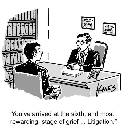 "You've arrived at the sixth, and most rewarding, stage of grief ... Litigation."