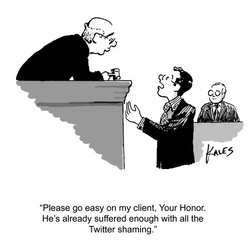 "Please go easy on my client, Your Honor. He's already suffered enough with all the Twitter shaming,"