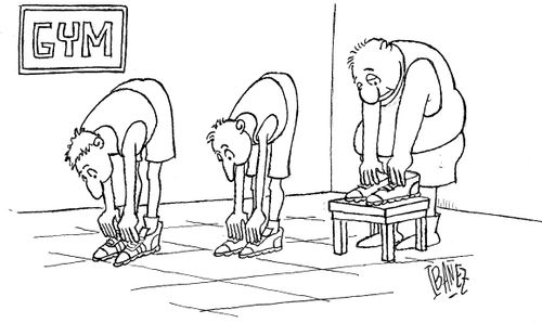 Unflexible man puts shoes on stall to touch his toes. 