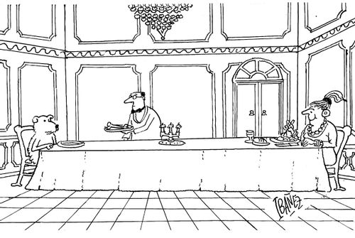 A butler serves a dog his bone