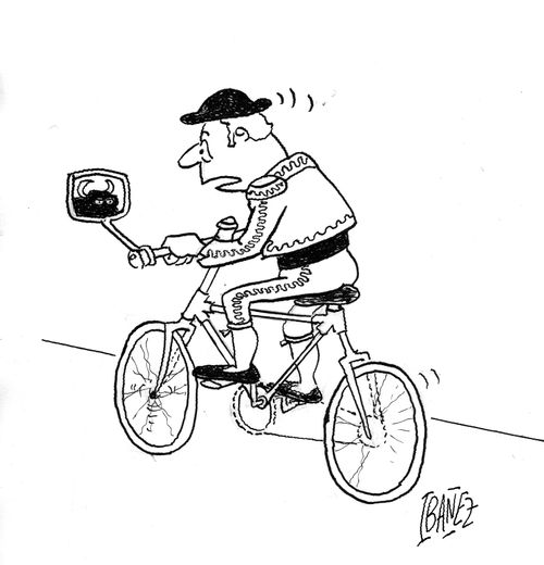 Man on bike sees beast in mirror.