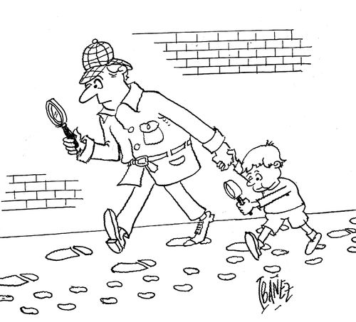 Detective and child follow footprints using magnifying glasses.