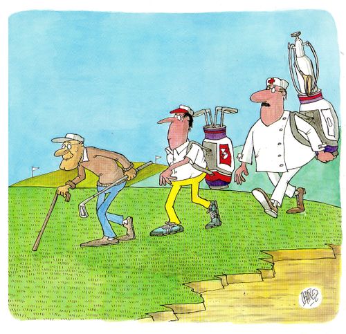 Old man plays golf, supported by his caddy and paramedic.