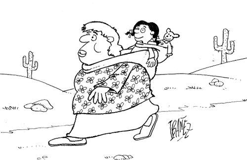 A woman carrying a child carrying a teddy bear