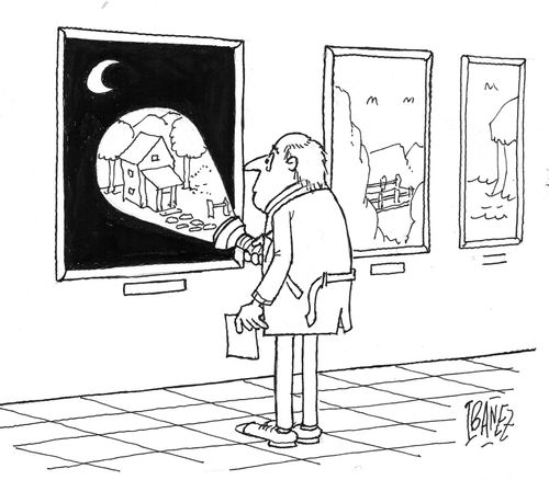 Man shines torch on night sky painting and sees a house.