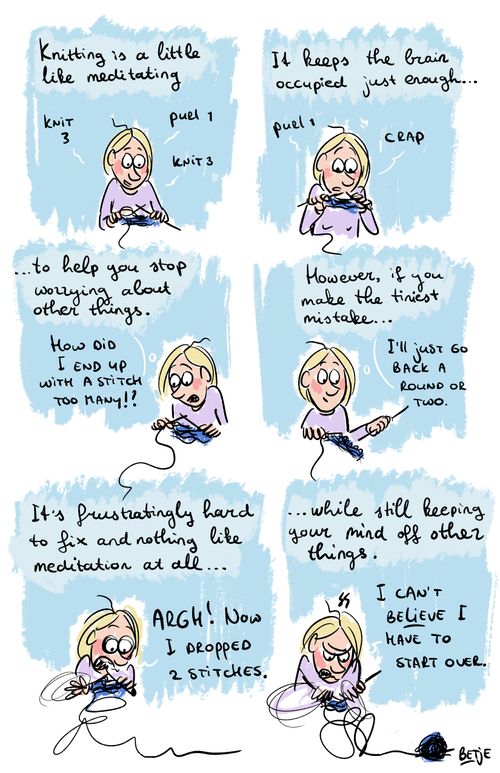Mom tries knitting to meditate...
