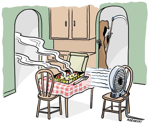 Death lures a man in with the smell of pizza.