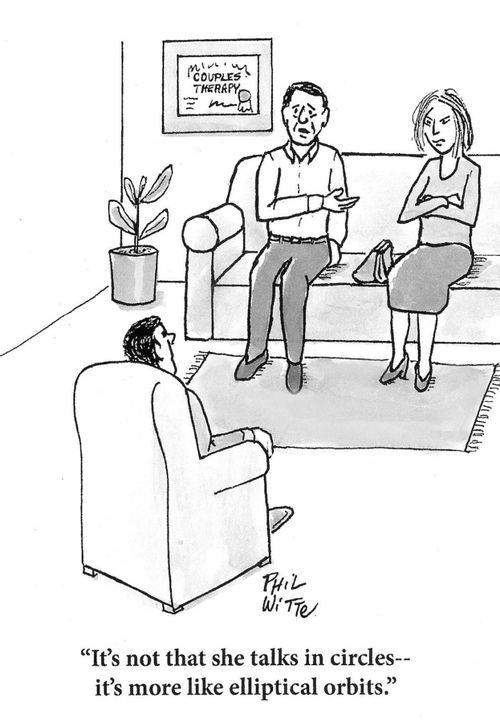 "It's not that she talks in circles-- it's more like elliptical orbits."