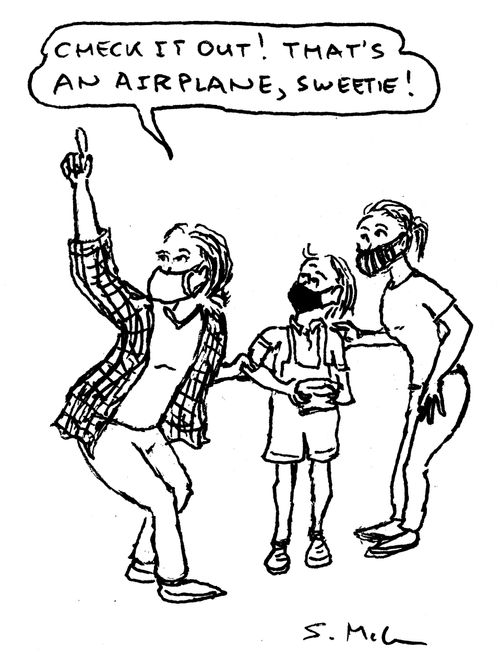 "Check it out! That's an airplane, sweetie!"