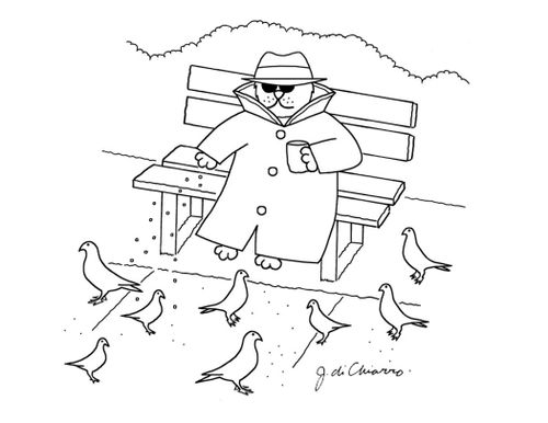Cat dressed up as detective on park bench surrounded by pigeons."