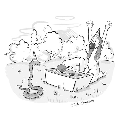 Adam and Eve do apple bobbing with evil snake.
