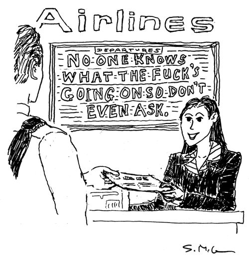 Airline board reads: "NO ONE KNOWS WHAT THE FUCK'S GOING ON SO DON'T EVEN ASK."