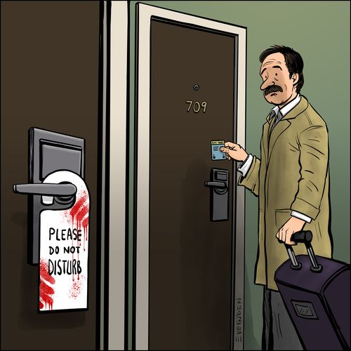 Man obeys 'Do not disturb' sign covered in blood.