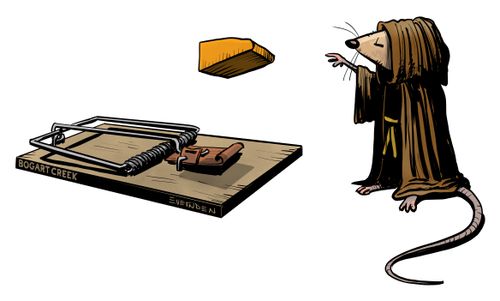 Mouse levitates cheese off mouse trap.